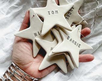 Personalized Handmade Ceramic Star Ornaments Custom Name White Star Christmas Tree Decor Scandi Christmas Farmhouse Holiday Xmas Tree Stars