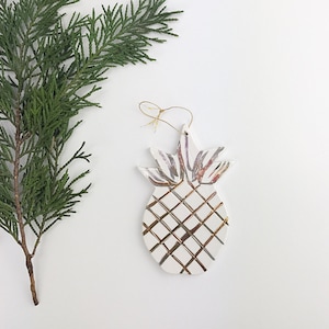 Elegant Handmade Ceramic Pineapple Ornament White And 22k Gold Minimal Holiday Luxe Holiday Gift Hospitality Gifts Hostess Presents Luck