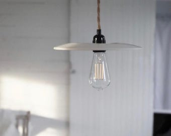 Flat Ceramic Pendant Light — Handmade Clay Hanging Lamp, Renter Friendly Plug In or Hardwired Stoneware Light for Kitchen and Dining