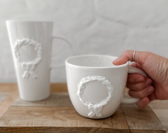 Handmade Ceramic Christmas Mug Holiday Mug White Xmas Mug Wreath Mug Tall Mug For The Holidays Fesstive Mugs Cheerful Big Cups Coffee Tea