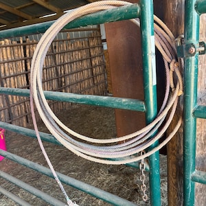 Könnte beinhalten: Ein aufgerolltes beiges und braunes Seil-Lasso mit geflochtener Textur, einem drehbaren Metallkarabiner an einem Ende und einer ausgefransten weißen Faserquaste am anderen. Das Seil ist verknotet und hängt über einem grünen Metall-Weidetor.