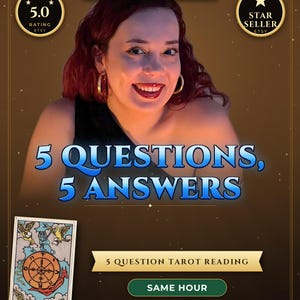 May include: A digital graphic for a tarot reading service featuring a person, the text 5 QUESTIONS, 5 ANSWERS, 100% REAL MEDIUM, 5 QUESTION TAROT READING, SAME HOUR, NO AI, HUMAN WRITTEN, UP TO 2,500 WORDS, and an image of the Wheel of Fortune tarot card.