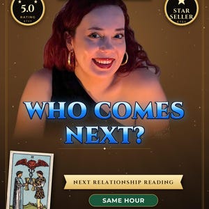 Könnte beinhalten: Eine digitale Grafik mit einer Person mit rotbraunem Haar, goldenen Creolen und schwarzem Oberteil. Text: 100% REAL MEDIUM, 5.0 RATING, STAR SELLER, WHO COMES NEXT?, NEXT RELATIONSHIP READING, SAME HOUR, NO AI, HUMAN WRITTEN, UP TO 2,500 WORDS.