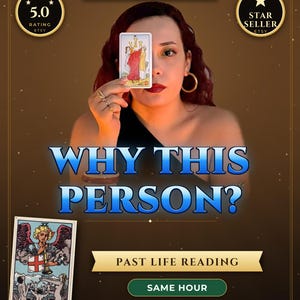 Puede incluir: Un gráfico promocional para un servicio de lectura de vidas pasadas con el texto WHY THIS PERSON, PAST LIFE READING y SAME HOUR. La imagen muestra una carta del tarot con tres figuras sosteniendo copas y una carta del Juicio en la parte inferior.