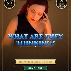 Könnte beinhalten: Eine Werbegrafik für einen Telepathie-Lesedienst mit einer Person mit rötlichem Haar in einem schwarzen Oberteil. Der Text enthält 100% REAL MEDIUM, 5.0 RATING, STAR SELLER, WHAT ARE THEY THINKING?, TELEPATHY READING, NO TOOLS, SAME HOUR, NO AI, HUMAN WRITTEN, UP TO 2,500 WORDS.