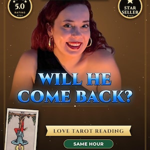 Puede incluir: Gráfico digital con una persona de cabello rojizo y pendientes de aro dorados. Texto: 100% REAL MEDIUM, 5.0 RATING ETSY, STAR SELLER, WILL HE COME BACK?, LOVE TAROT READING, SAME HOUR, NO AI, HUMAN WRITTEN, UP TO 2,500 WORDS. Incluye la carta del tarot El Colgado.