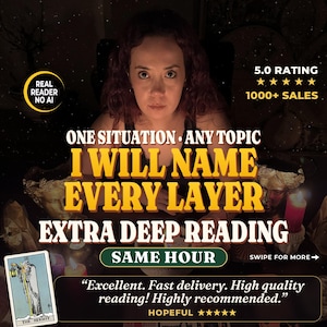 May include: A person with curly hair sits behind a table with candles and statues. Text reads: ONE SITUATION ANY TOPIC I WILL NAME EVERY LAYER EXTRA DEEP READING SAME HOUR. Includes a 5.0 rating, 1000+ sales, and a review: Excellent. Fast delivery.