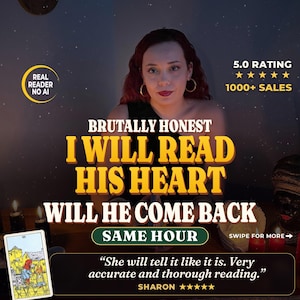 Op de afbeelding: Een persoon met rood haar en gouden oorringen, geplaatst achter de tekst: BRUTALLY HONEST I WILL READ HIS HEART WILL HE COME BACK SAME HOUR. Een tarotkaart met een figuur in een rode mantel is zichtbaar in de linkerbenedenhoek.