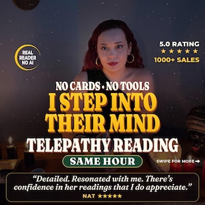 May include: A person with red hair wearing a black top, with text overlay reading: NO CARDS NO TOOLS I STEP INTO THEIR MIND TELEPATHY READING SAME HOUR, 5.0 RATING 1000+ SALES, and a testimonial quote: Detailed. Resonated with me. There's confidence in her readings.