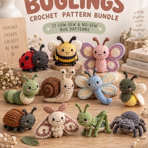 May include: A digital pattern bundle titled 11-IN-1 BUGLINGS CROCHET PATTERN BUNDLE featuring 11 low-sew and no-sew crochet bug designs including a ladybird, bee, butterfly, snail, dragonfly, moth, grasshopper, and spider with MallowStitch branding.
