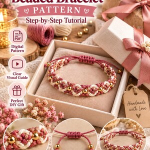 May include: A macramé beaded bracelet pattern tutorial featuring text that reads Macramé Beaded Bracelet Pattern Step-by-Step Tutorial. The bracelet is made of pink and cream cord with gold beads, featuring an adjustable closure and knot design.