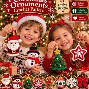 Christmas Crochet Ornament Patterns Bundle, 8 Christmas Decorations, Santa Snowman Tree Star Gingerbread Bauble Snowflake Bow, PDF Pattern