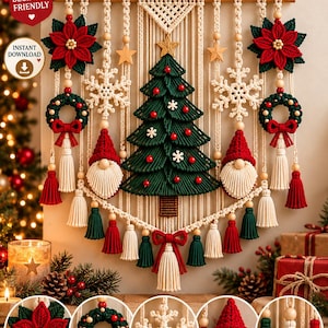 May include: A macrame wall hanging DIY pattern featuring a central green Christmas tree, two gnomes, poinsettia flowers, wreaths, and snowflakes. The design includes wooden beads and tassels in red, green, and cream, with text reading CHRISTMAS MACRAME WALL HANGING DIY PATTERN, BEGINNER FRIENDLY, INSTANT DOWNLOAD, and STEP BY STEP PATTERN.