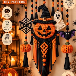 May include: A macrame wall hanging featuring a central jack-o'-lantern wearing a black witch hat, flanked by a spider web, a white ghost, and a purple bat. The design includes orange and black cord, wooden beads, and tassels hanging from a branch.