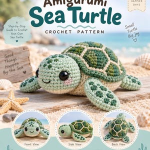 Può includere: Uno schema all'uncinetto per una tartaruga marina amigurumi di MallowStitch. Il documento mostra una grande tartaruga marina lavorata all'uncinetto con guscio verde e crema, occhi neri e guance rosa, con viste frontale, laterale e posteriore.