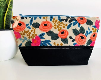 Travel bag | modern cosmetic bag | floral toiletry bag | storage pouch | zippered pouch | makeup bag | leather zipper pull | large