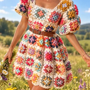 May include: A short-sleeved dress constructed from multi-colored granny square crochet motifs in shades of pink, yellow, blue, and orange, featuring a square neckline, puffed sleeves, and a brown leather belt with a metal buckle at the waist.