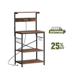 May include: A kitchen baker's rack with a black metal frame and three dark wood-grain shelves. The unit features a top shelf, a middle workspace with an integrated power outlet, and six side hooks for hanging utensils. A black power cord is attached.