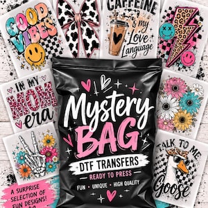 Mystery DTF Transfer Bundle | Pressfärdiga skjortor, tröjor, hoodies (slumpmässiga designer)