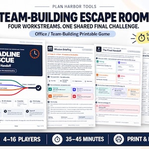 Op de afbeelding: Een printbaar teambuilding escape room spel genaamd Deadline Rescue, met vier werkstromen: Planning, Operations, Communications en Delivery. De set bevat een missiebriefing, instructies voor de overdracht en een archiefpagina.