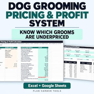 May include: A digital spreadsheet tool titled Dog Grooming Pricing & Profit System. It features a calculator for groom inputs and results, a profit dashboard with monthly revenue data, and text indicating compatibility with Excel and Google Sheets.