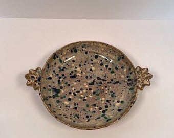 Vintage Studio Pottery Speckled Dish Bowl Floral Handles Signed Molly Stoneware