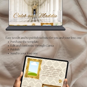 May include: A digital website template displayed on a laptop and a tablet screen. The laptop shows a museum interior with the text Museum of Caleb and Maddie. The tablet displays a patterned background with gold frames and placeholder text.
