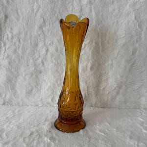 Vintage Amber Glass Bud Swung Vase Hand Blown By Rainbow Diamond Cut Design