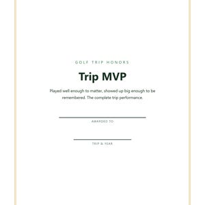 May include: A white certificate with a thin gold border featuring the text GOLF TRIP HONORS, Trip MVP, and the description: Played well enough to matter, showed up big enough to be remembered. The complete trip performance. Includes lines for Awarded To and Trip & Year.