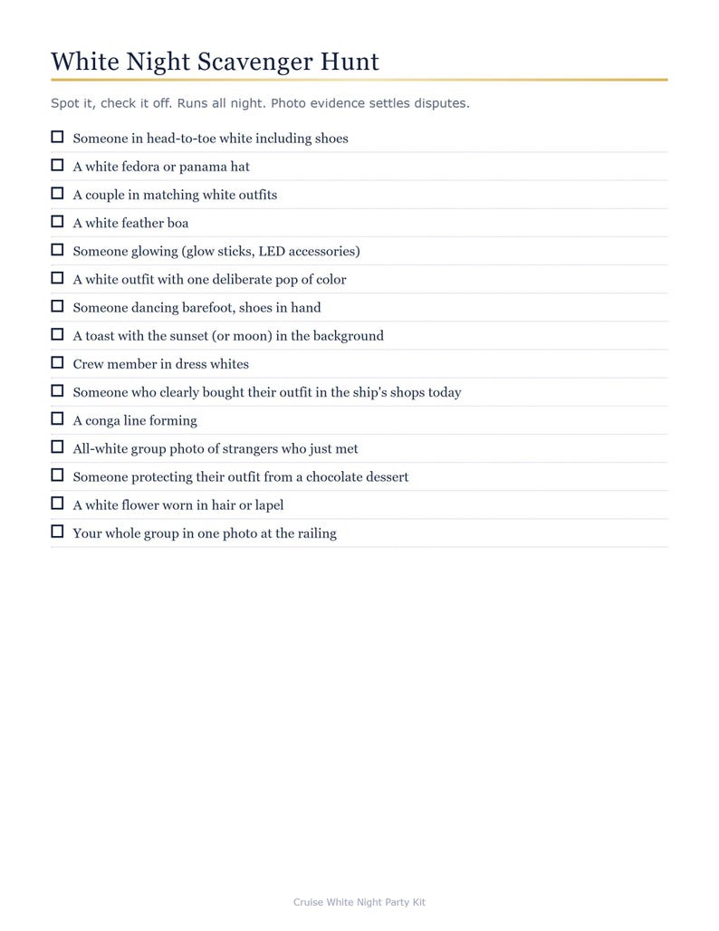 May include: A White Night Scavenger Hunt checklist printed on white paper. The document features a title, a subtitle, and a list of fifteen items with checkboxes, including tasks like finding someone in all-white clothing, a fedora, or a conga line.