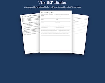 Carpeta imprimible del IEP: organizador de educación especial para padres, preparación para reuniones del IEP, seguimiento de objetivos, registro de evaluaciones, índice de documentos en PDF.