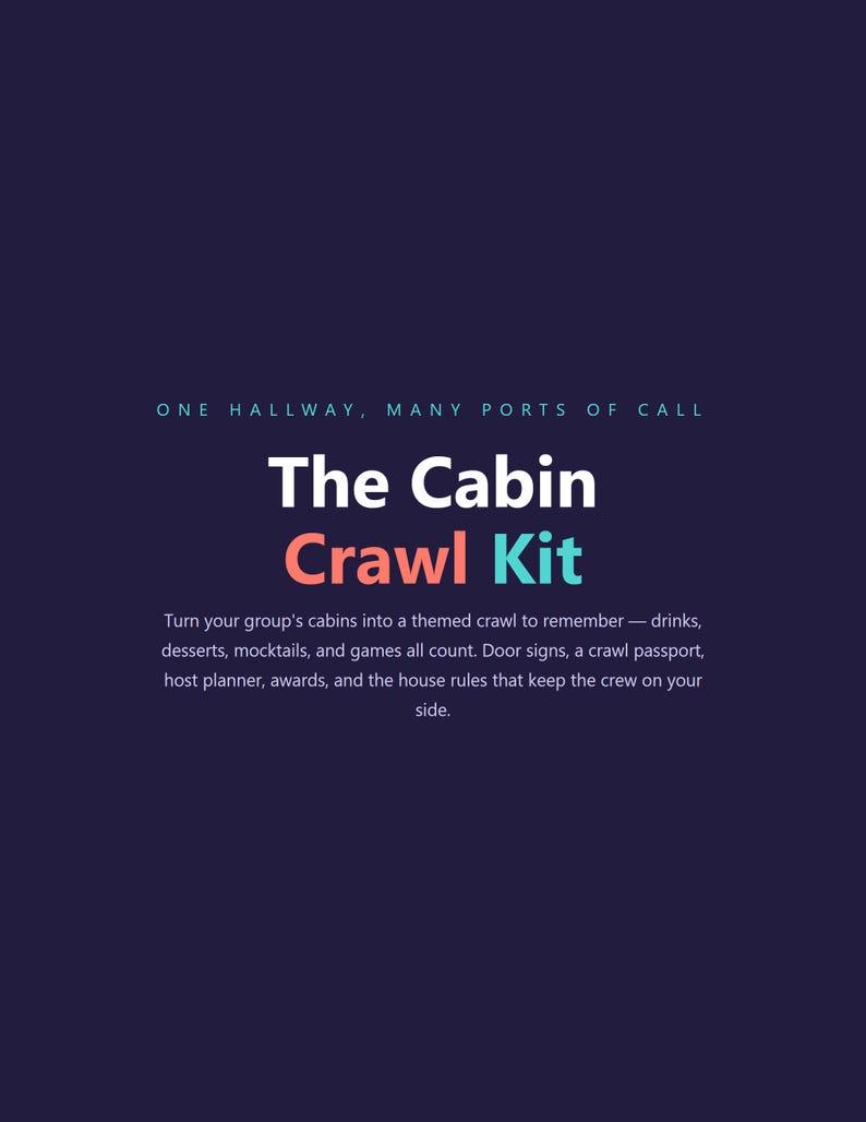 Op de afbeelding: Een donkerpaarse informatieve afbeelding met de titel The Cabin Crawl Kit in witte, oranje en turquoise tekst. De kop luidt ONE HALLWAY, MANY PORTS OF CALL. De tekst beschrijft een set met deurbordjes, een paspoort en een planner voor de gastheer.