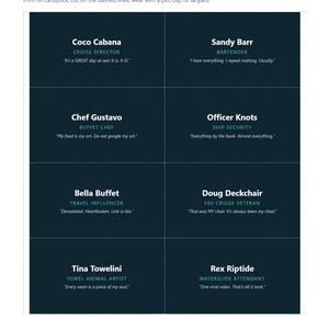 May include: A printable sheet of eight dark blue rectangular suspect badges titled Suspect Badges. Each badge features a character name, job title, and a quote. Names include Coco Cabana, Sandy Barr, Chef Gustavo, Officer Knots, Bella Buffet, Doug Deckchair, Tina Towelini, and Rex Riptide.