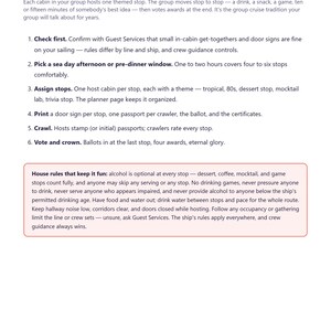 Op de afbeelding: Een wit informatiedocument getiteld What a Cabin Crawl Is, met een genummerde lijst van zes stappen voor het organiseren van een hut-crawl op een cruiseschip, gevolgd door een kader met huisregels over veiligheid en etiquette aan boord.