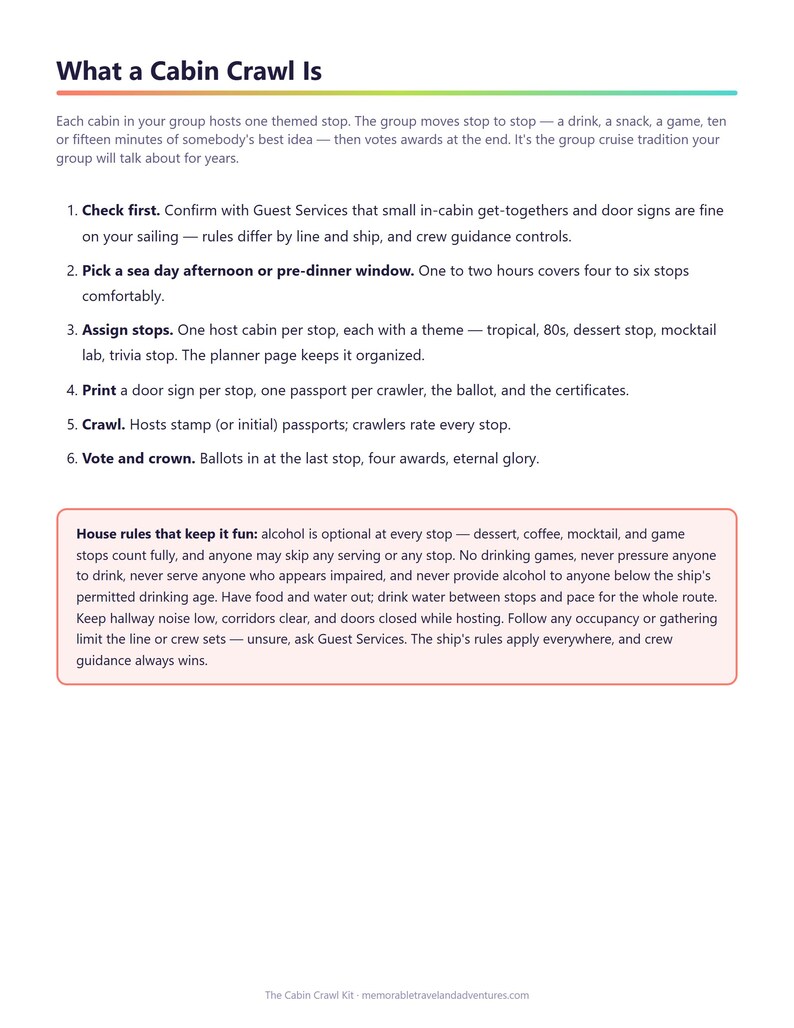 Op de afbeelding: Een wit informatiedocument getiteld What a Cabin Crawl Is, met een genummerde lijst van zes stappen voor het organiseren van een hut-crawl op een cruiseschip, gevolgd door een kader met huisregels over veiligheid en etiquette aan boord.