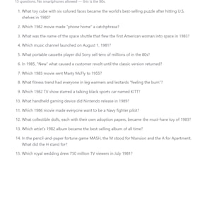 May include: A white sheet of paper titled Totally 80s Trivia with a purple header and a colourful gradient line. It contains 15 numbered questions about 1980s pop culture, movies, and music, with the text Cruise 80s Night Party Kit at the bottom.