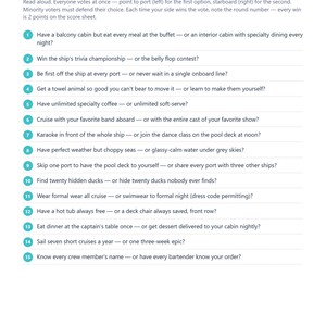 Puede incluir: Una hoja de juego impresa titulada Would You Rather: At Sea &mdash; Rounds 1-15. El documento enumera quince preguntas numeradas sobre escenarios de cruceros, incluyendo instrucciones para votar y puntuar, con un pie de p&aacute;gina The Cruise Games Pack.