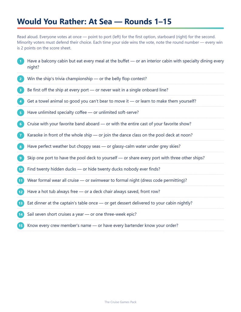 Puede incluir: Una hoja de juego impresa titulada Would You Rather: At Sea &mdash; Rounds 1-15. El documento enumera quince preguntas numeradas sobre escenarios de cruceros, incluyendo instrucciones para votar y puntuar, con un pie de p&aacute;gina The Cruise Games Pack.