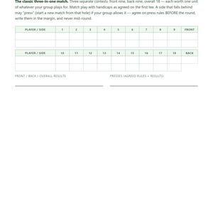 May include: A white Nassau golf scorecard featuring a header with the title Nassau and a description of the three-in-one match. It includes two tables for tracking scores for holes one through nine and ten through eighteen, with sections for results.