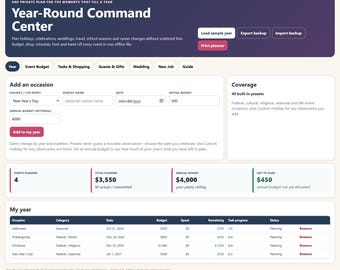 Planificador de vacaciones y eventos importantes durante todo el año / Planificador digital interactivo para presupuestos, regalos, invitados y tareas / Aplicación web sin conexión