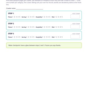 Op de afbeelding: Een wit Crawl Passport-blad voor stops 1-3 met een regel voor de naam van de deelnemer. Het bevat drie secties voor het beoordelen van thema, service, gastvrijheid en sfeer van 1 tot 5, met een vakje voor een stempel en een watercheckpoint.
