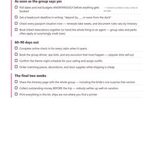 May include: A white document titled The Booking Timeline with black text organised into three sections: As soon as the group says yes, 60-90 days out, and The final two weeks. Each section contains a checklist of tasks for planning a group cruise.