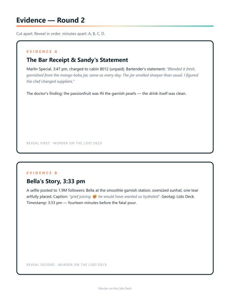 May include: A document titled Evidence - Round 2 containing two sections. Evidence A, The Bar Receipt & Sandy's Statement, details a Marlin Special drink charge and a bartender's observation. Evidence B, Bella's Story, 3:33 pm, describes a social media post.