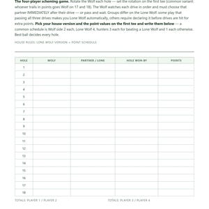 May include: A white scorecard for a four-player golf game titled Wolf. The document includes instructions on gameplay, house rules, and a table with columns for hole number, Wolf, partner or lone, hole won by, and points for eighteen holes.