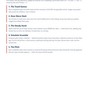 Puede incluir: Un documento blanco titulado The Cabin Challenge, que enumera cinco eventos: The Towel Games, Door D&eacute;cor Dash, The Steady Hand, Schedule Scramble y The Pitch. El texto describe las reglas de puntuaci&oacute;n y competici&oacute;n, con The Cruise Games Pack en la parte inferior.