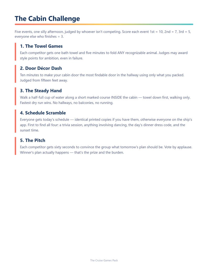 Puede incluir: Un documento blanco titulado The Cabin Challenge, que enumera cinco eventos: The Towel Games, Door D&eacute;cor Dash, The Steady Hand, Schedule Scramble y The Pitch. El texto describe las reglas de puntuaci&oacute;n y competici&oacute;n, con The Cruise Games Pack en la parte inferior.