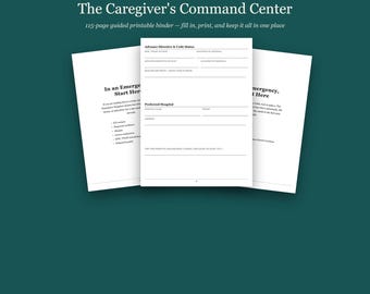 Carpeta imprimible para cuidadores: organizador médico para padres ancianos, registro de medicamentos, seguimiento de citas, registro de cuidados diarios, información de emergencia (PDF).