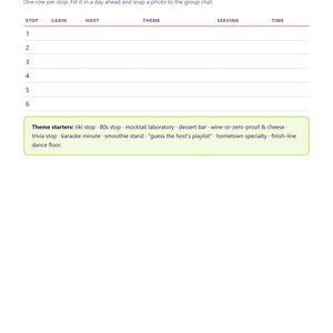 Op de afbeelding: Een wit Crawl Planner-document met een koptekst, instructies en een tabel met zes genummerde rijen. De kolommen bevatten Stop, Cabin, Host, Theme, Serving en Time. Een lichtgroen kader bevat thema-starters zoals tiki stop en 80s stop.