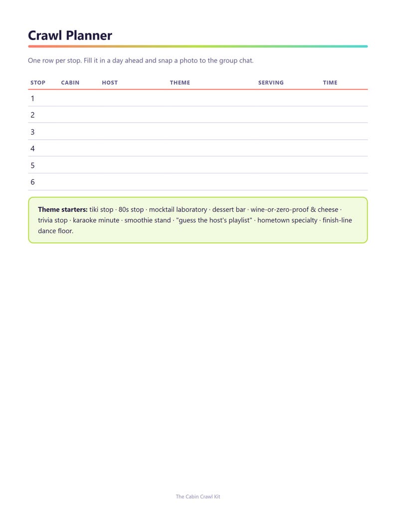 Op de afbeelding: Een wit Crawl Planner-document met een koptekst, instructies en een tabel met zes genummerde rijen. De kolommen bevatten Stop, Cabin, Host, Theme, Serving en Time. Een lichtgroen kader bevat thema-starters zoals tiki stop en 80s stop.