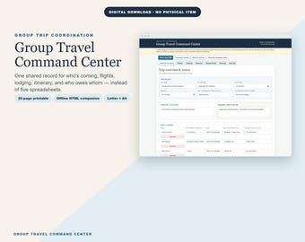 Group Trip Planner | Flights, Lodging, Itinerary & Cost-Split Log for Family Reunions and Group Vacations | Printable + Offline Companion